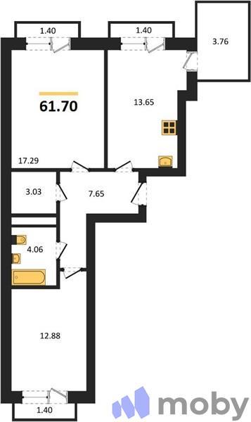 2-комнатная квартира, 66.5 м²