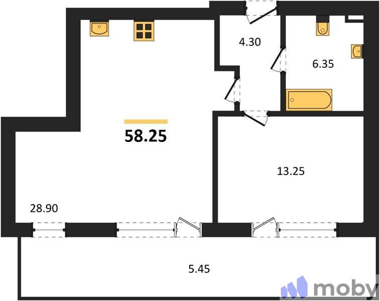 1-комнатная квартира, 58.3 м²
