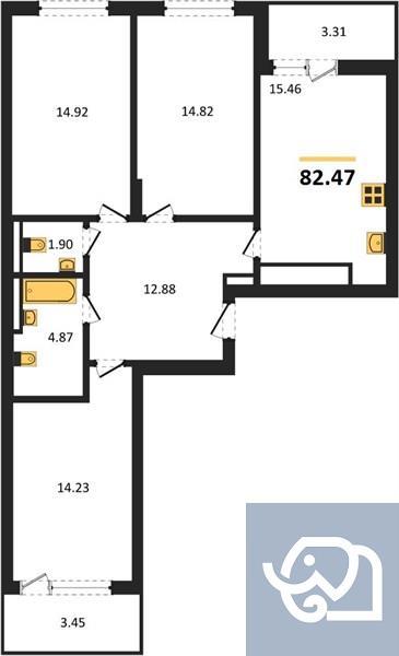 3-комнатная квартира, 83.5 м²