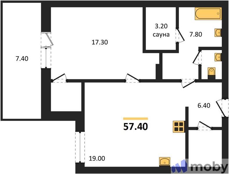 1-комнатная квартира, 57.4 м²