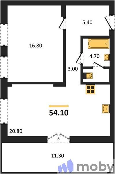 1-комнатная квартира, 54.1 м²