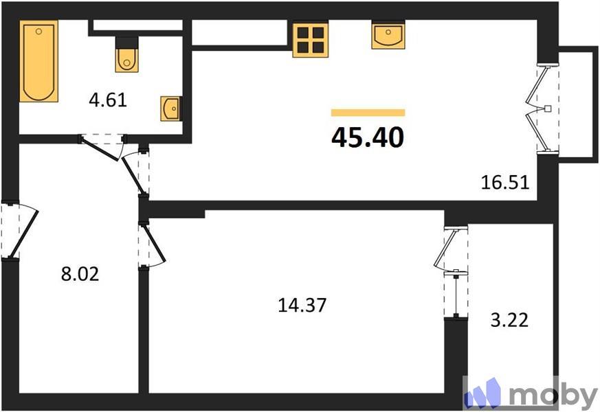 1-комнатная квартира, 45.4 м²