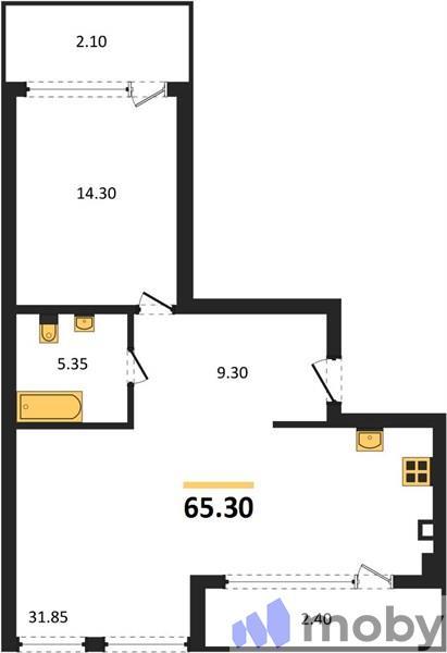 1-комнатная квартира, 65.3 м²