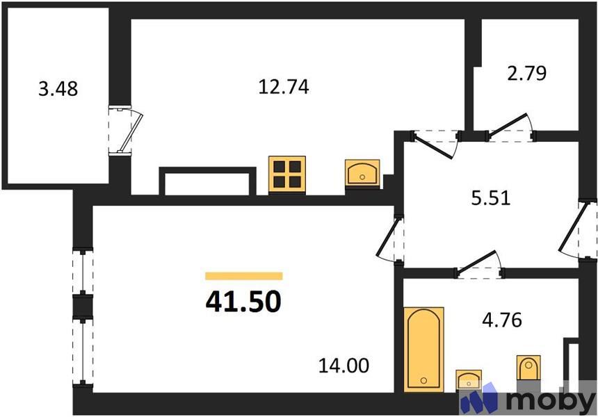 1-комнатная квартира, 41.5 м²