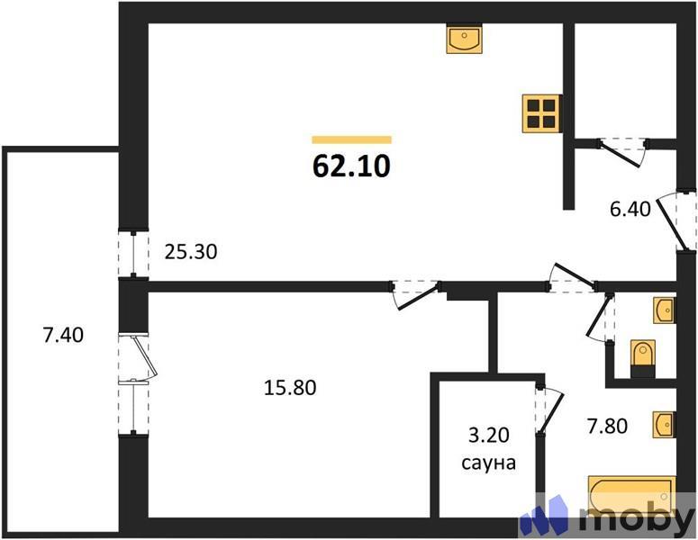 1-комнатная квартира, 62.1 м²