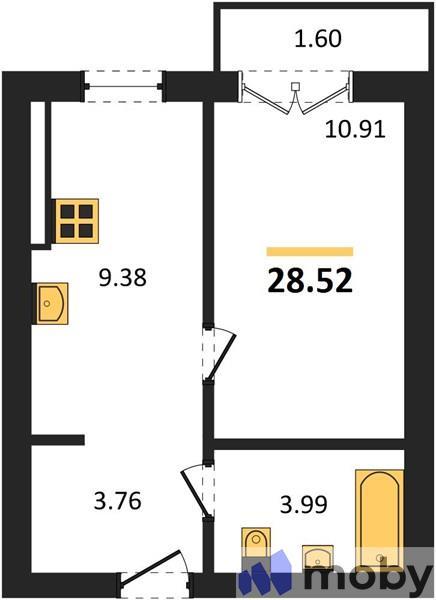 1-комнатная квартира, 28.5 м²