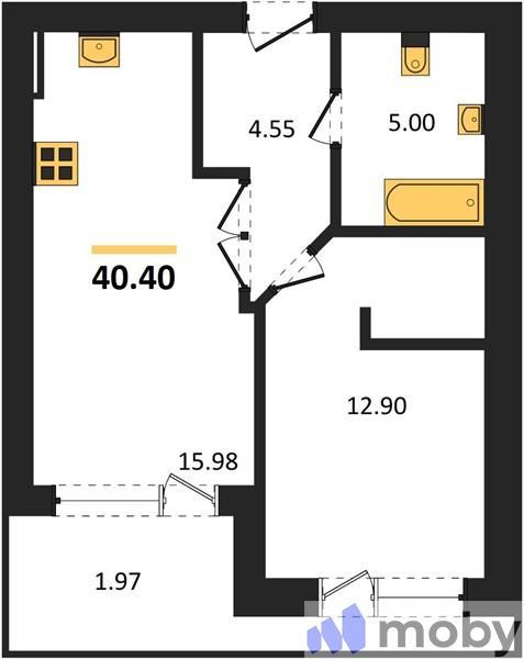 1-комнатная квартира, 40.4 м²