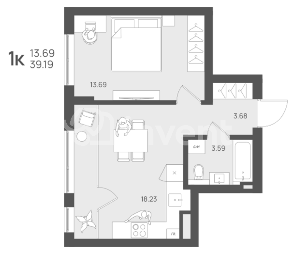 1-комнатная квартира, 39.2 м²