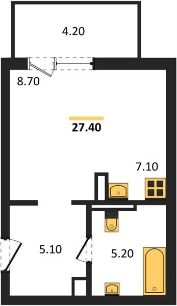 Студия, 27.4 м²