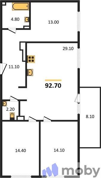 3-комнатная квартира, 92.7 м²