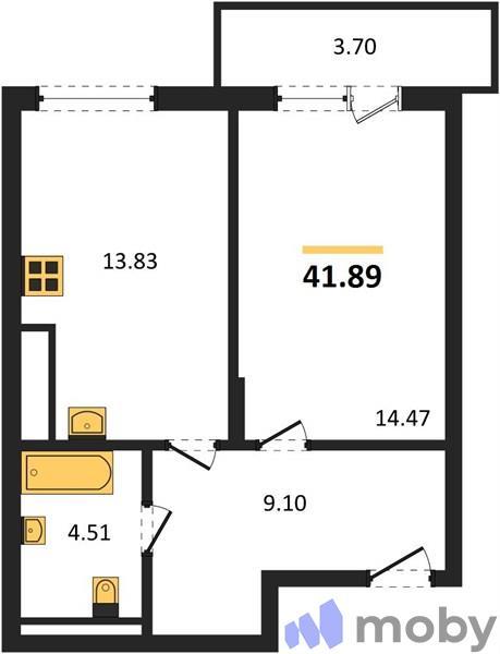 1-комнатная квартира, 41.9 м²