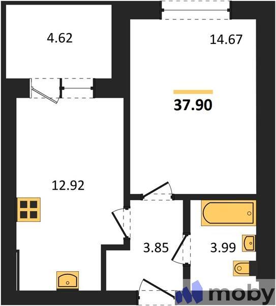 1-комнатная квартира, 37.9 м²