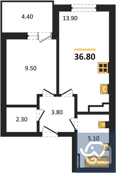 1-комнатная квартира, 36.8 м²