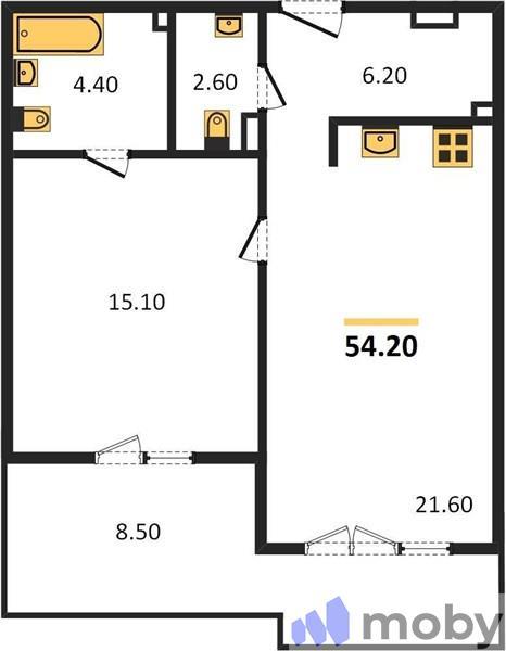 1-комнатная квартира, 54.2 м²