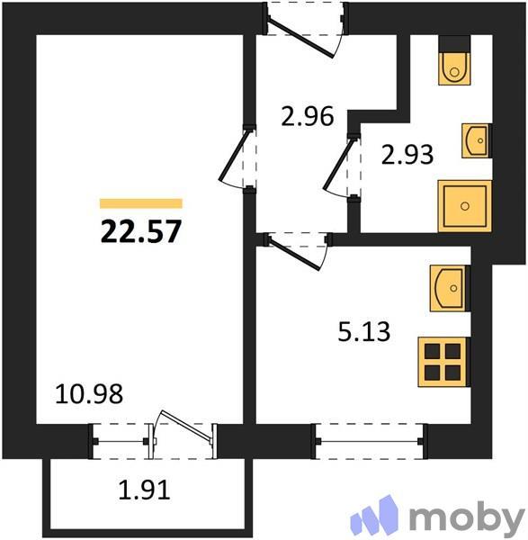 1-комнатная квартира, 22.6 м²