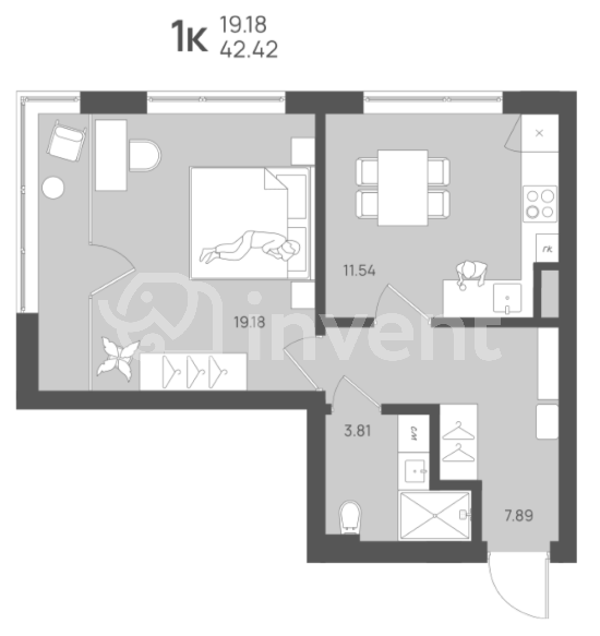 1-комнатная квартира, 42.4 м²