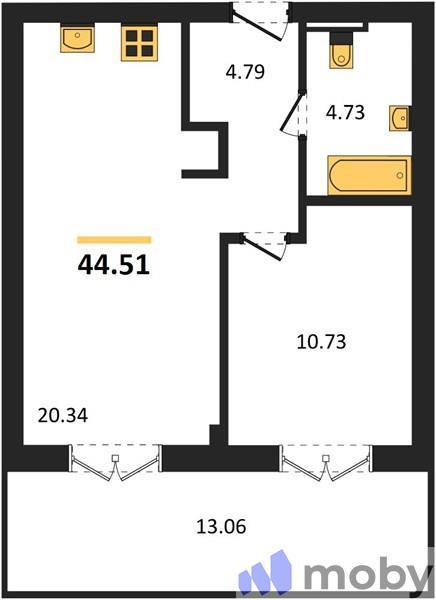 1-комнатная квартира, 44.4 м²