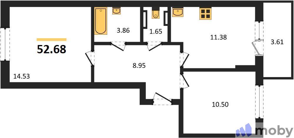 2-комнатная квартира, 52.7 м²