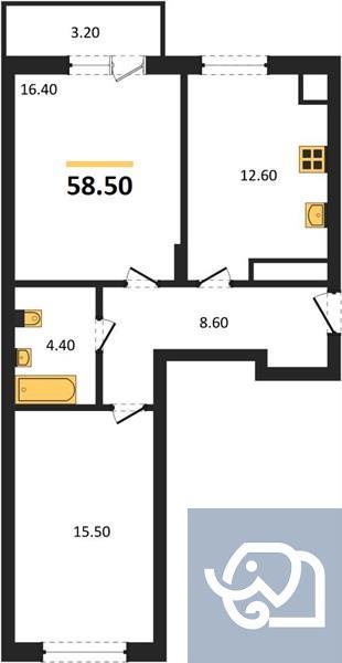 2-комнатная квартира, 58.5 м²