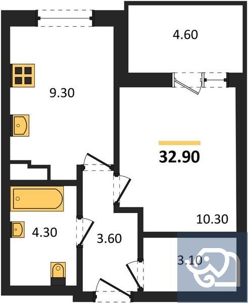 1-комнатная квартира, 32.9 м²