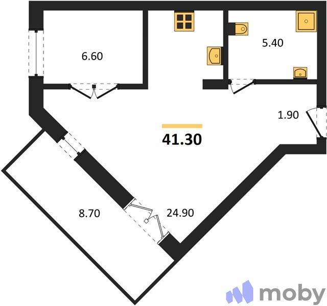 1-комнатная квартира, 41.3 м²