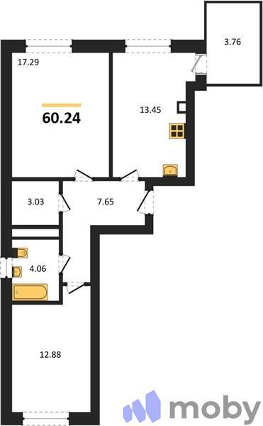 2-комнатная квартира, 62.1 м²