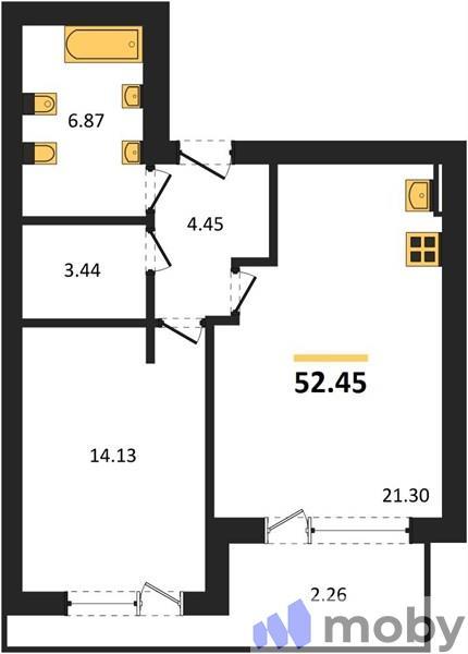 1-комнатная квартира, 57.7 м²