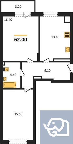 2-комнатная квартира, 59.5 м²