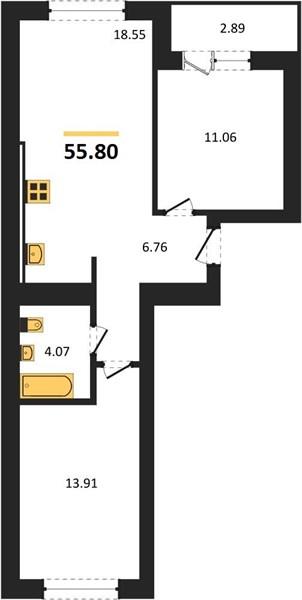 2-комнатная квартира, 55.8 м²