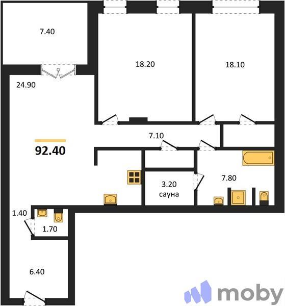 2-комнатная квартира, 92.4 м²