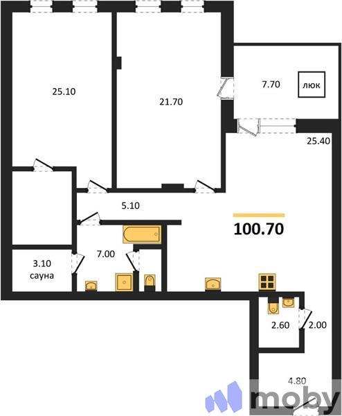 2-комнатная квартира, 100.7 м²