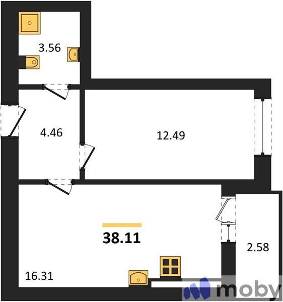 1-комнатная квартира, 38.1 м²