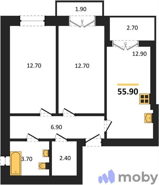 2-комнатная квартира, 55.9 м²