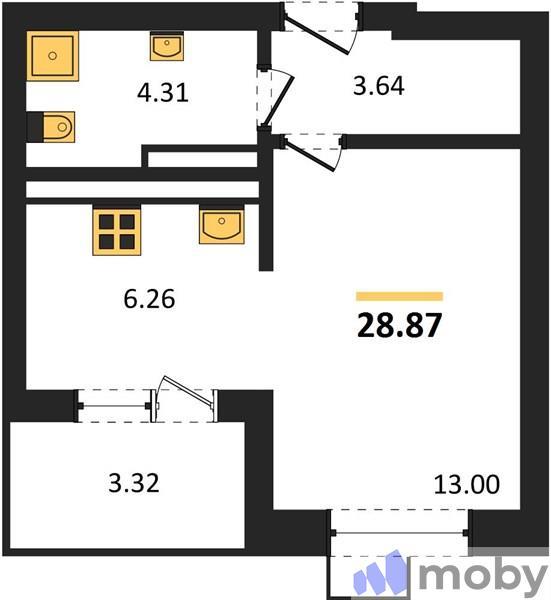 1-комнатная квартира, 28.9 м²