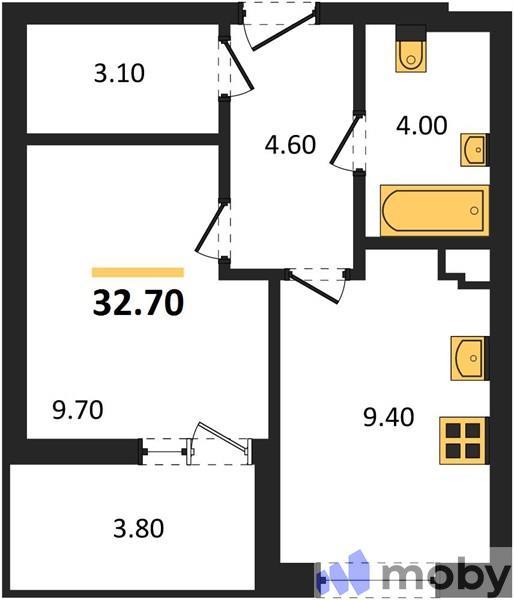 1-комнатная квартира, 32.7 м²