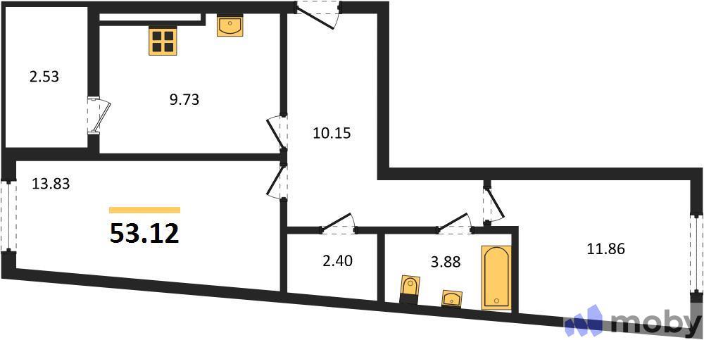 2-комнатная квартира, 53.1 м²