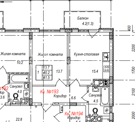 1-комнатная квартира, 41.5 м²