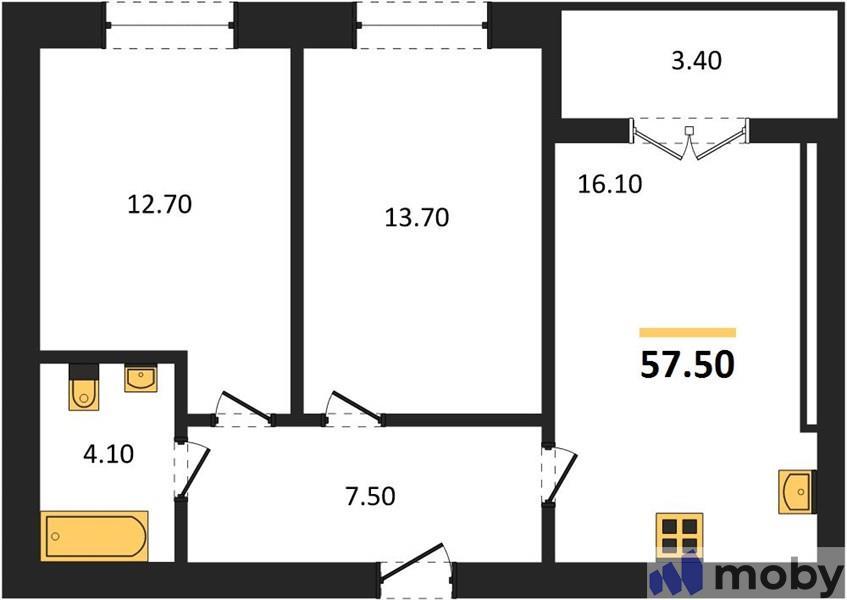 2-комнатная квартира, 57.5 м²