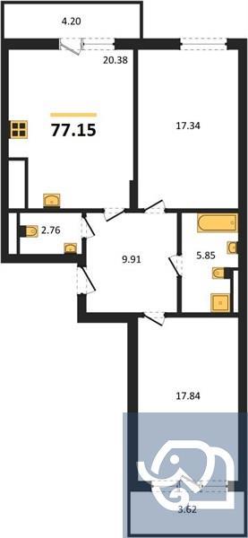 2-комнатная квартира, 78.3 м²