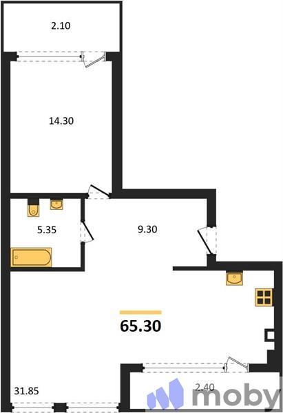 1-комнатная квартира, 65.3 м²