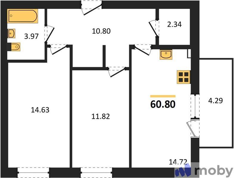 2-комнатная квартира, 60.8 м²