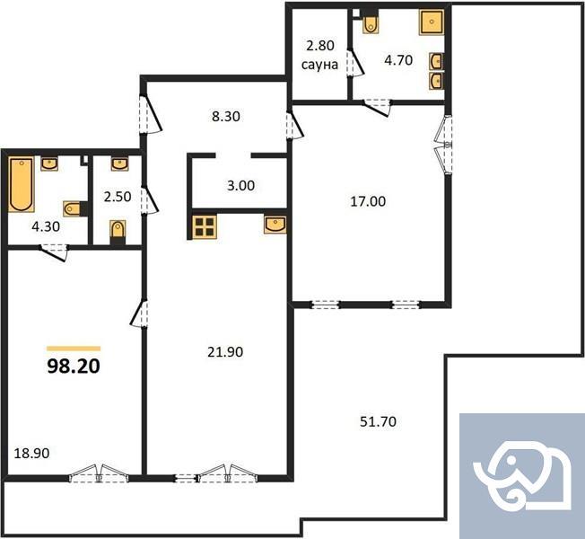 2-комнатная квартира, 95.7 м²