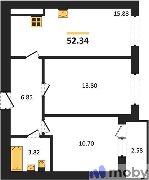 2-комнатная квартира, 52.3 м²