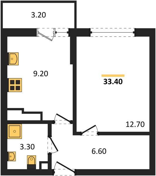 1-комнатная квартира, 33.4 м²
