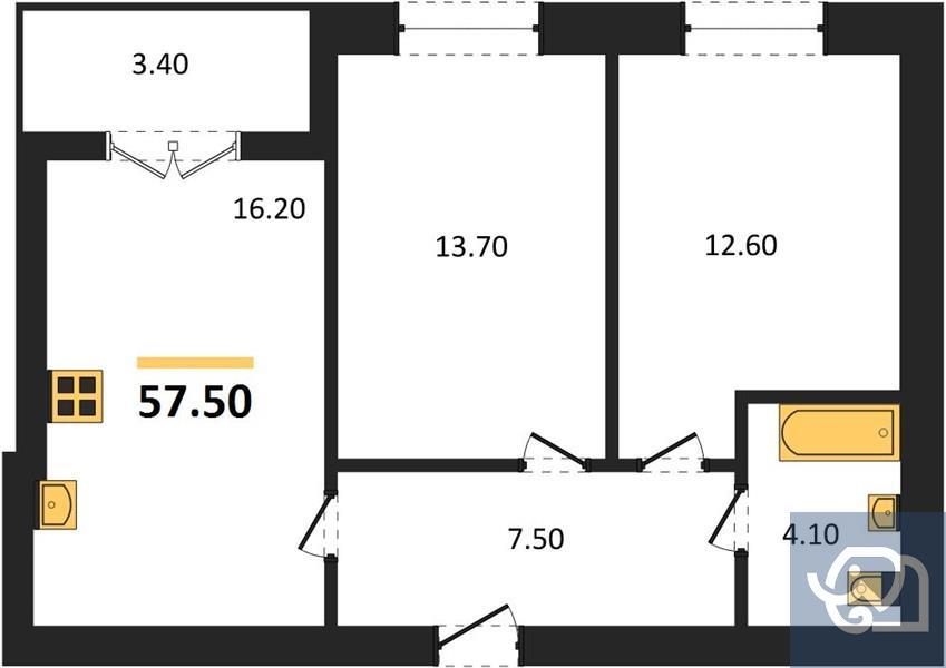2-комнатная квартира, 57.5 м²