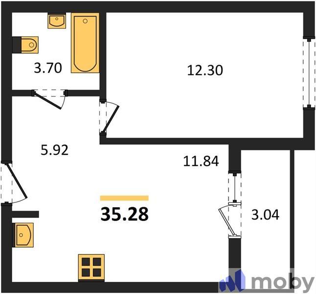1-комнатная квартира, 35.3 м²