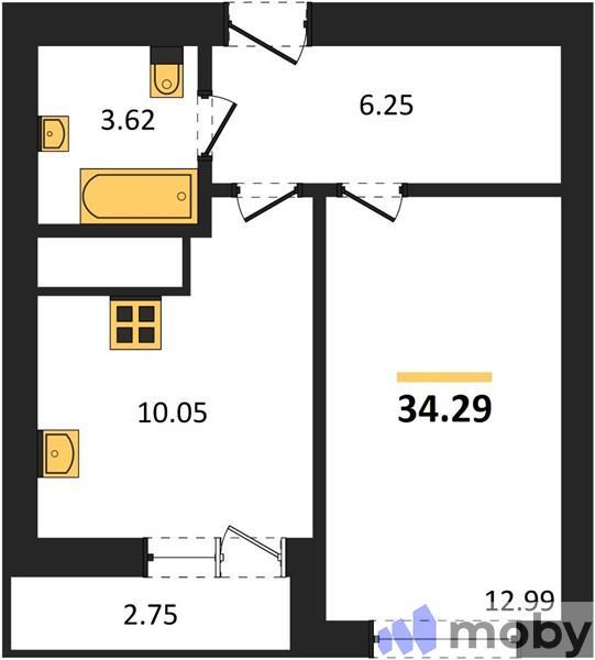 1-комнатная квартира, 35.7 м²