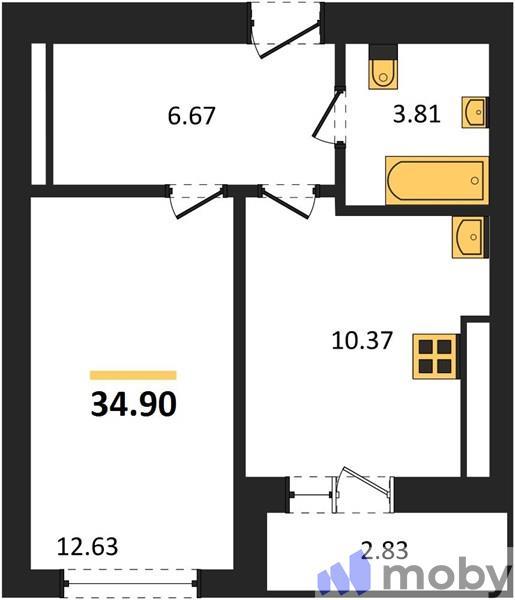 1-комнатная квартира, 34.9 м²