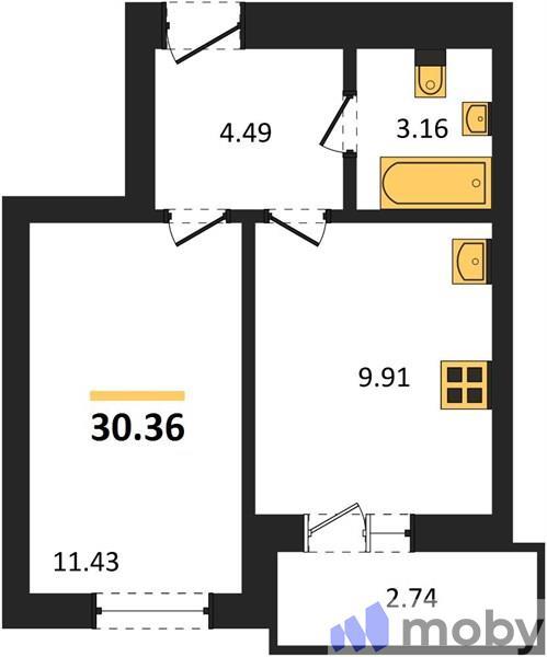 1-комнатная квартира, 30.4 м²