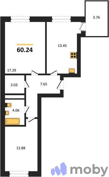 2-комнатная квартира, 60.2 м²